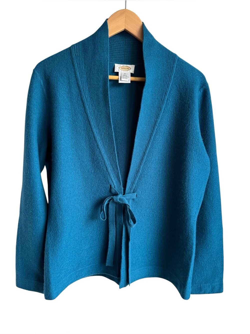 90s Talbots 100% Wool Cardigan Womens M Teal Tie Front Knit Sweater Vintage EUC